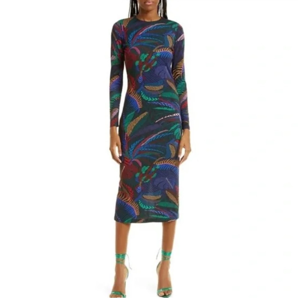 FARM Rio Amazonia Night Rainforest Long Sleeve Bodycon Dress Sz L
